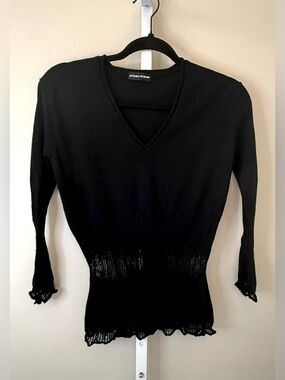Aoyama Itchome Black V-Neck Sweater Long Sleeve Lace Hem Japanese Designer